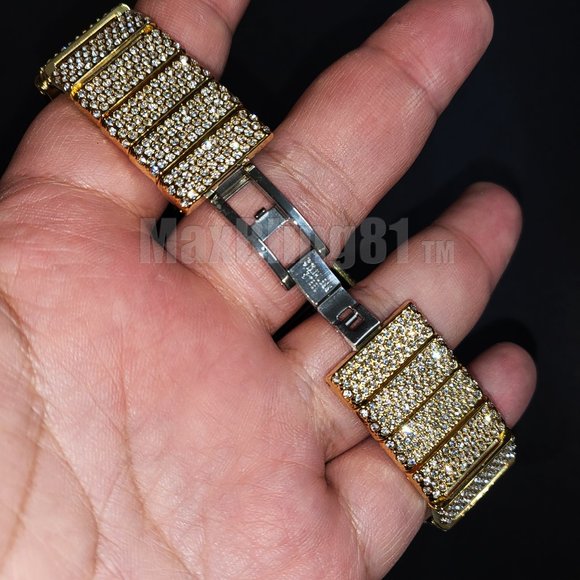 Men Full Iced Band Simulated Diamond Gold Silver Finish Hip Hop Metal Icy Watch - Picture 5 of 9